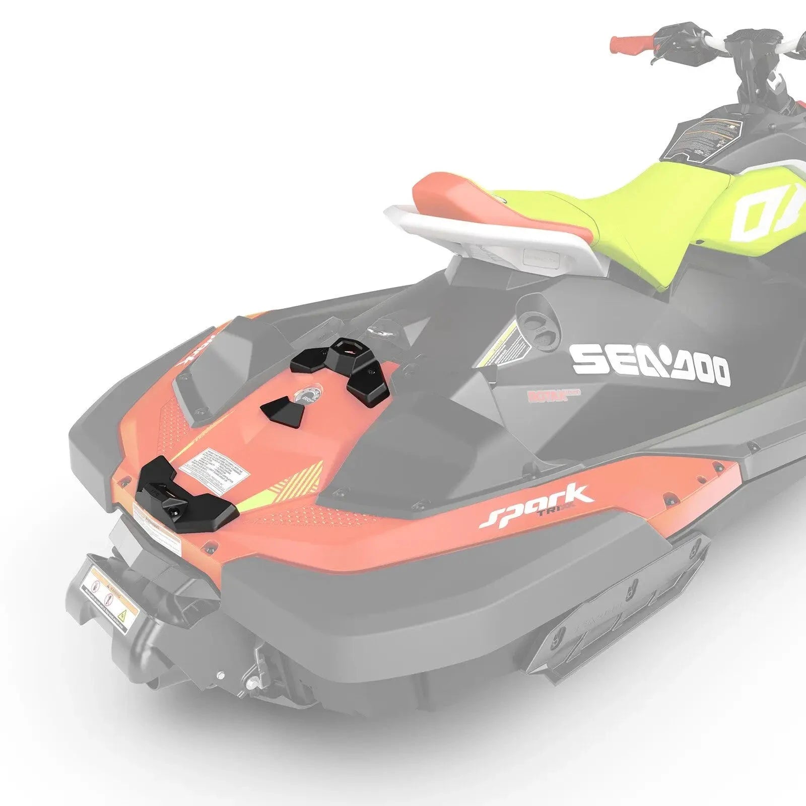 Sea-Doo Spark LinQ Base Installation Kit; black mounting hardware on orange Sea-Doo Spark watercraft.