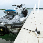 Sea-Doo Speed Tie PWC docking accessory by BRP, black tether securing a jet ski to a dock