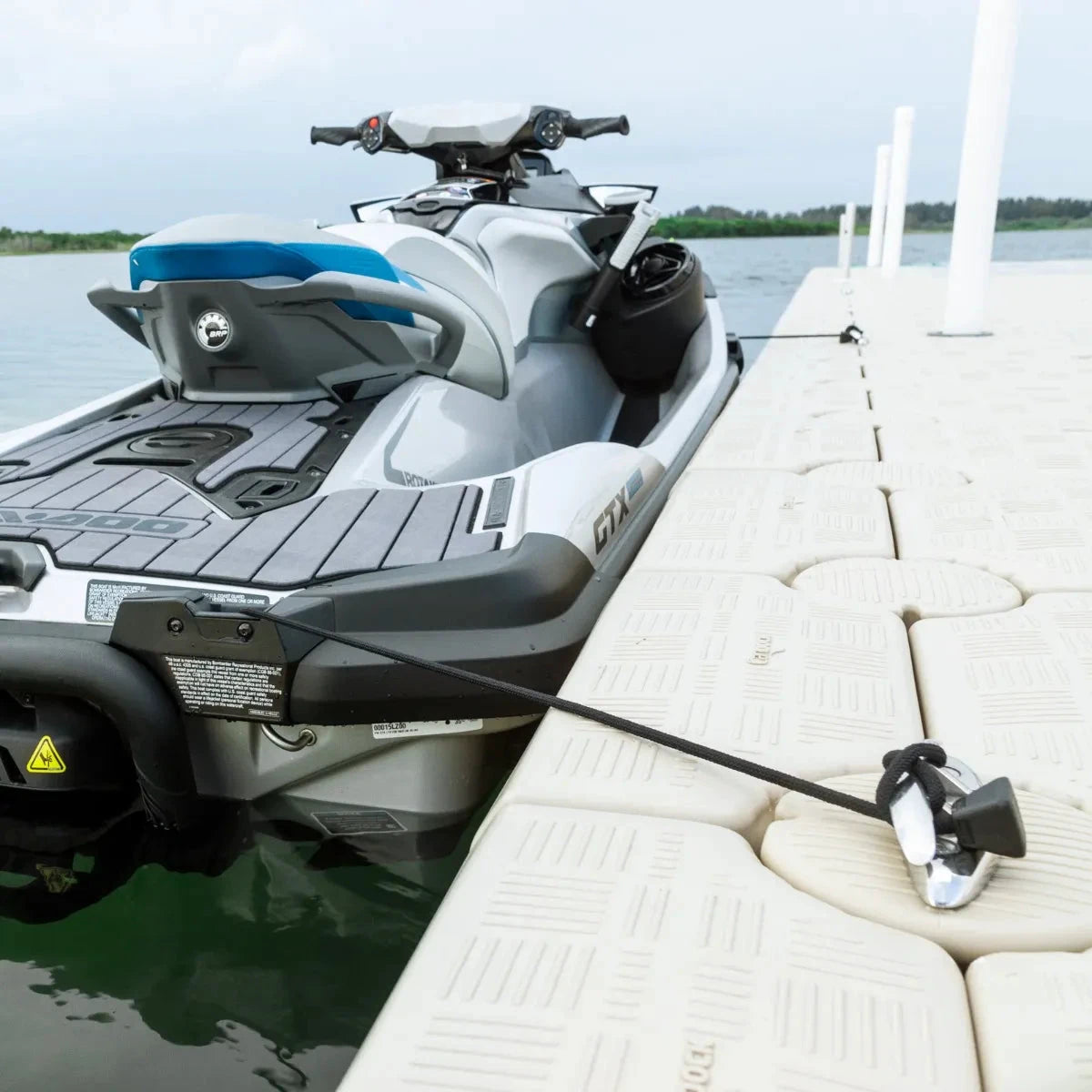 Sea-Doo Speed Tie PWC docking accessory by BRP, black tether securing a jet ski to a dock