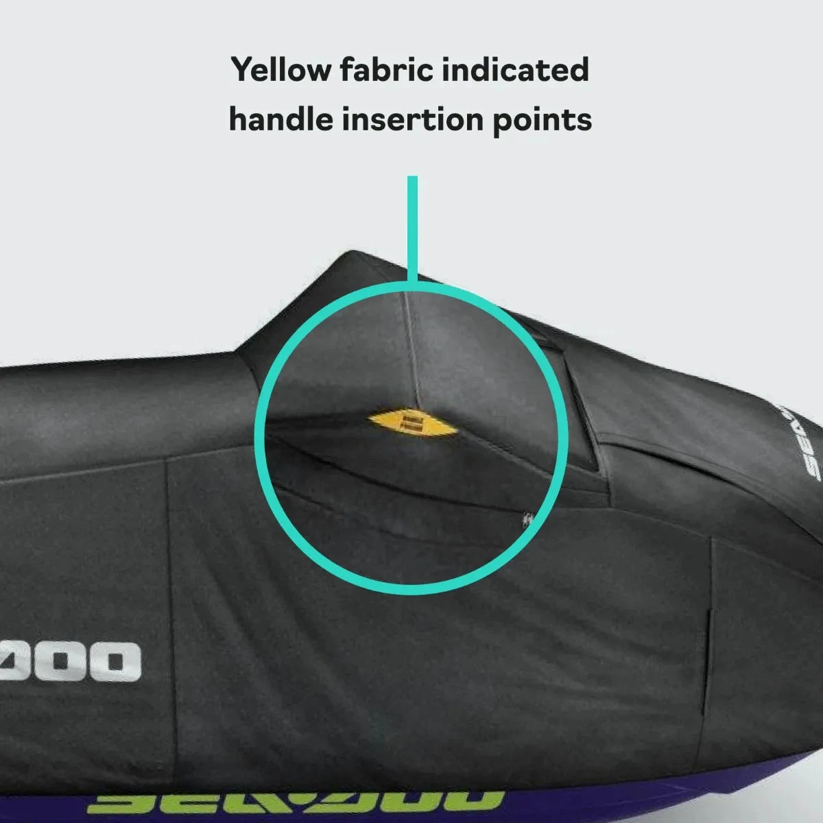 Sea-Doo PWC cover for 2021–2026 RXP X; OEM black watercraft storage cover with yellow handle indicator.