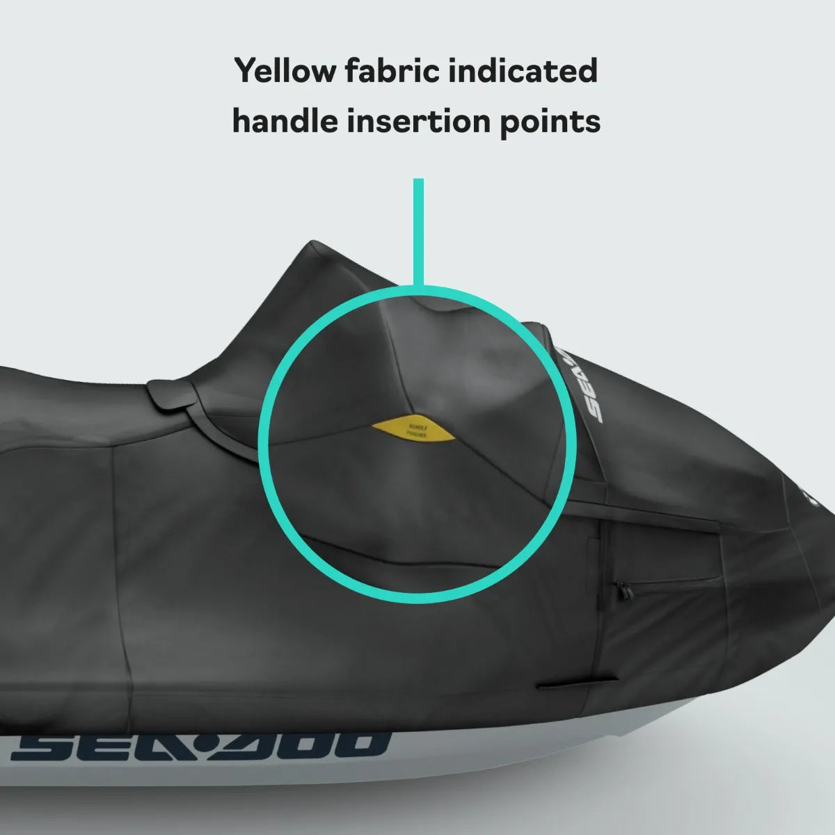 Sea-Doo PWC Cover for Fish Pro Trophy & Fish Pro Sport, black fabric with yellow insertion-point patch.