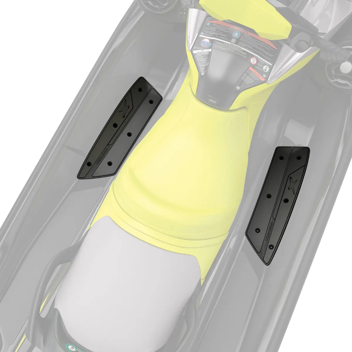 Sea-Doo Floorboard Wedges, black, pair of PWC accessories mounted on a yellow watercraft footwell.