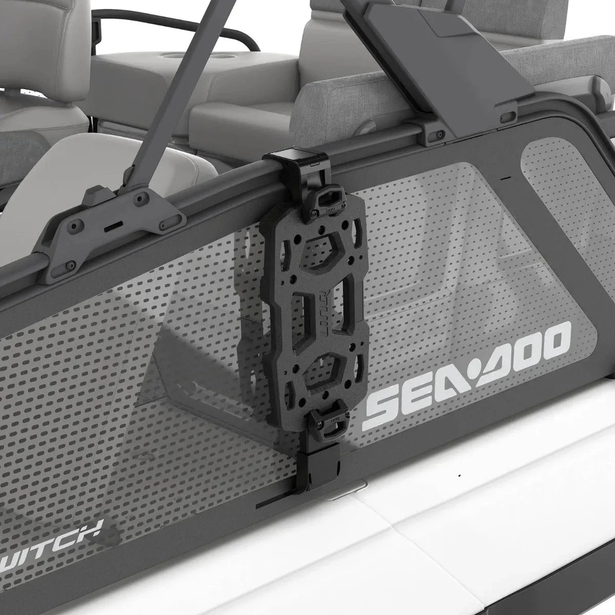 Sea-Doo Switch LinQ Vertical Support, black, mounted on watercraft side panel; BRP branding visible.