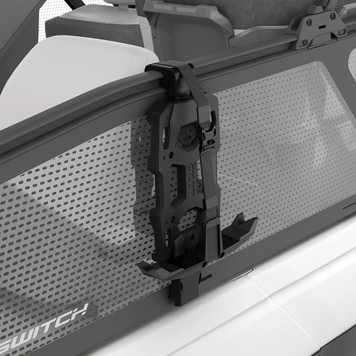 Sea-Doo Switch Wakeboard Holder, black plastic mount on perforated boat side panel.