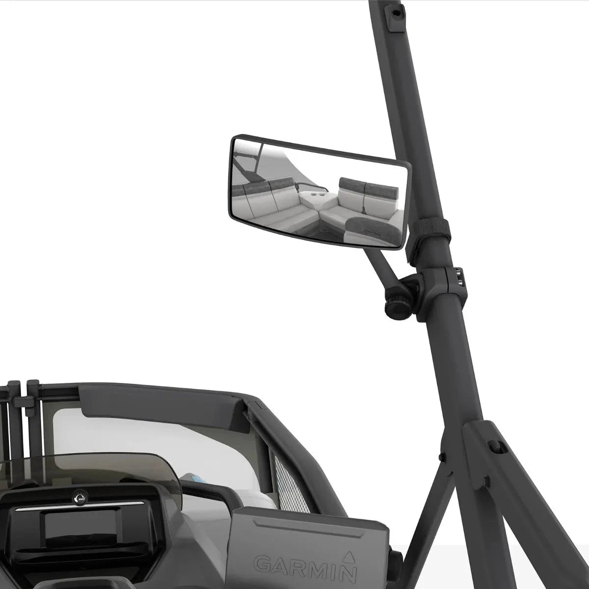 Sea-Doo Switch Rearview Mirror, bimini-mounted, black frame on a vertical pole; Garmin display visible at console.