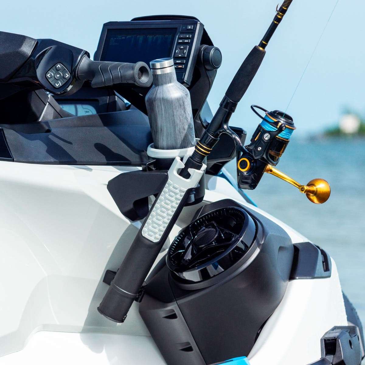 Sea-Doo LinQ Cup Holder on BRP watercraft with gray water bottle.