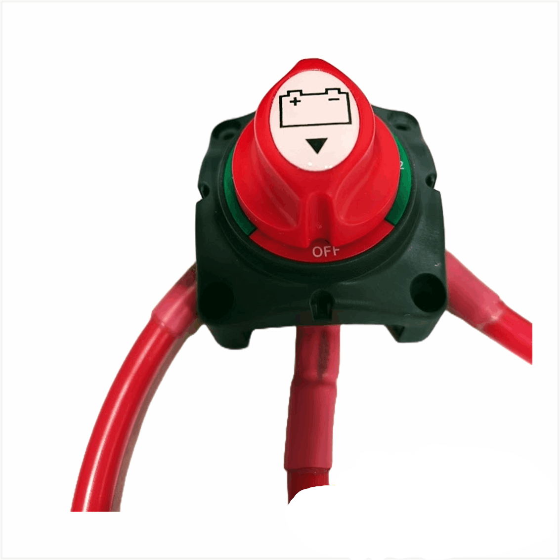 Sea-Doo Switch Dual Battery Kit switch accessory with red knob and green base, red cables