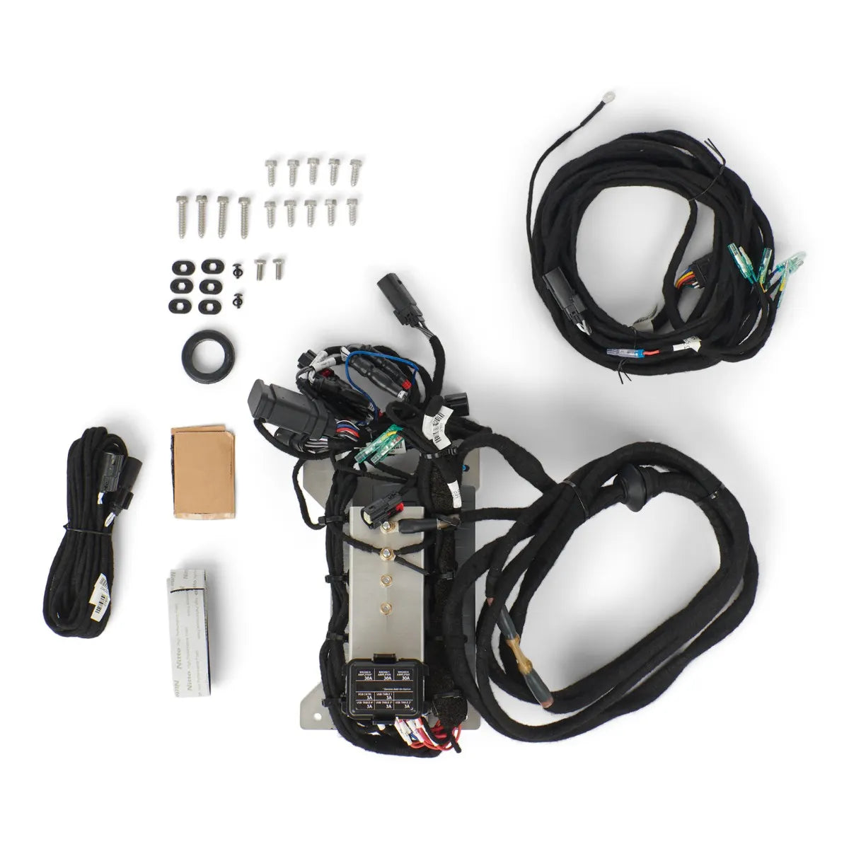 Sea-Doo Switch JL Audio System installation kit with wiring harness, connectors, screws, grommets.