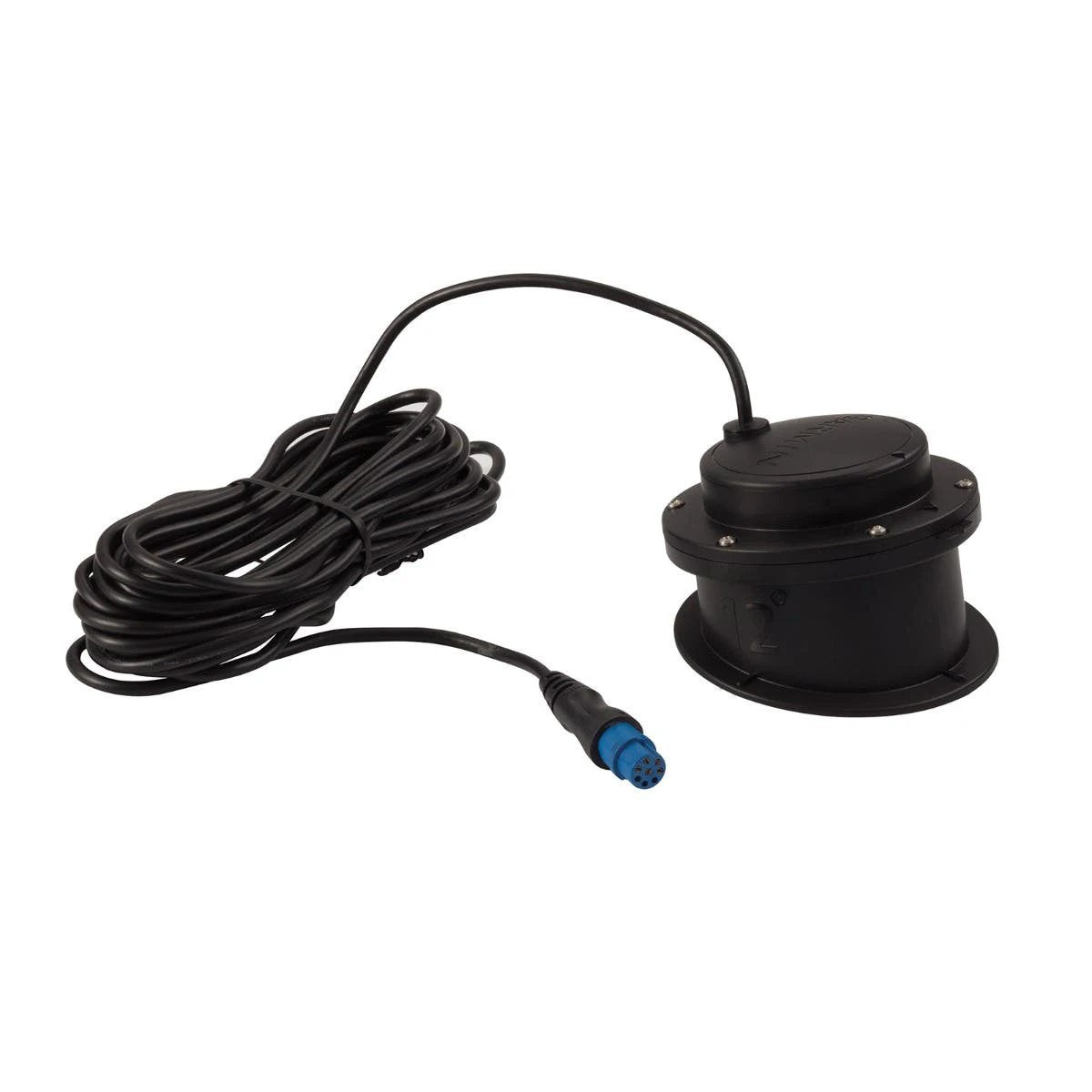 Garmin GT15M-IH transducer with long black cable and blue multi-pin connector.