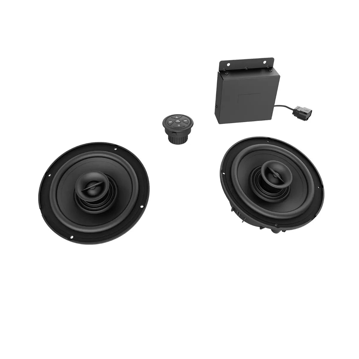 Sea-Doo Switch Audio System kit: two black speakers, control knob, and mounting module