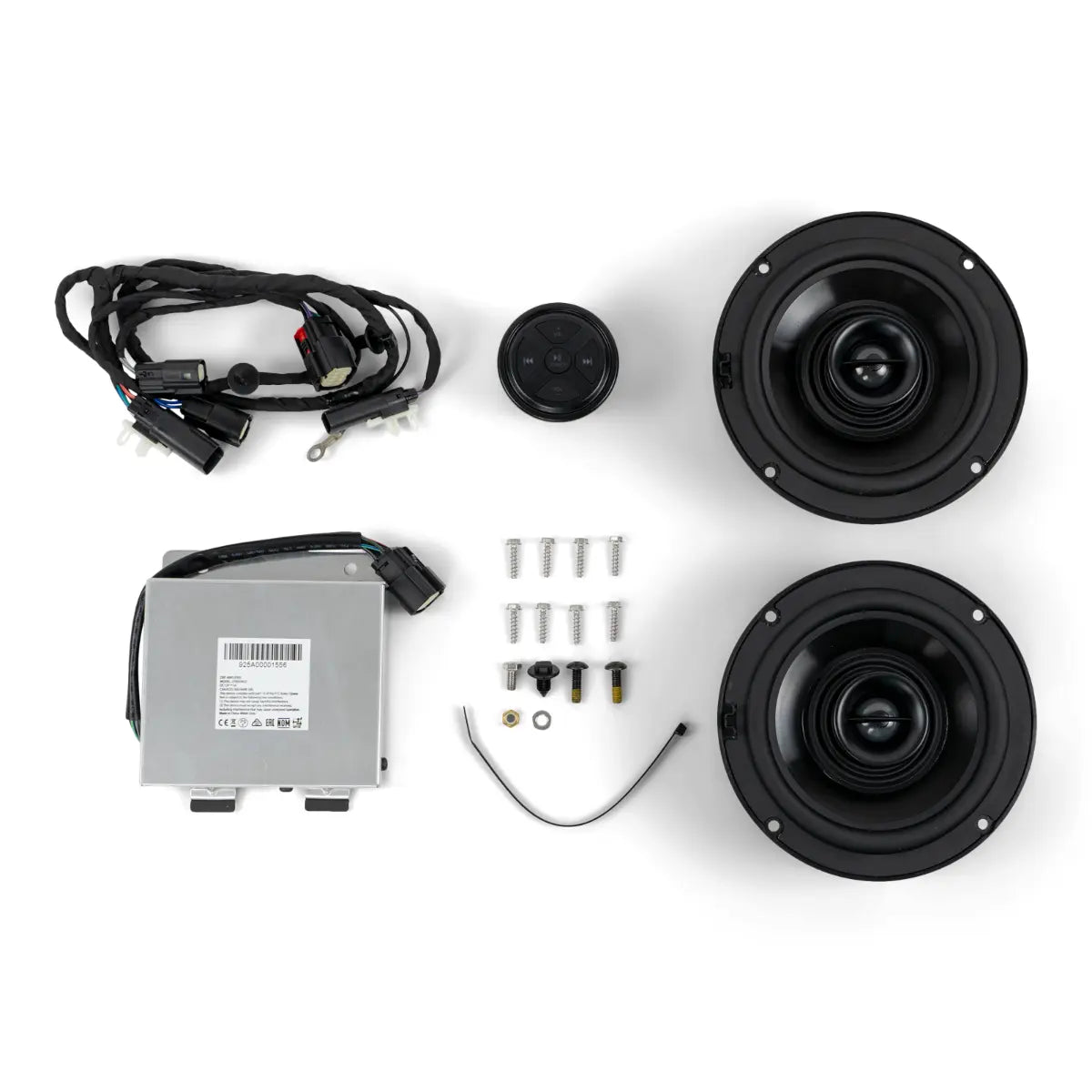 Sea-Doo Switch Audio System kit with two black speakers, silver control module, wiring harness, and mounting hardware.
