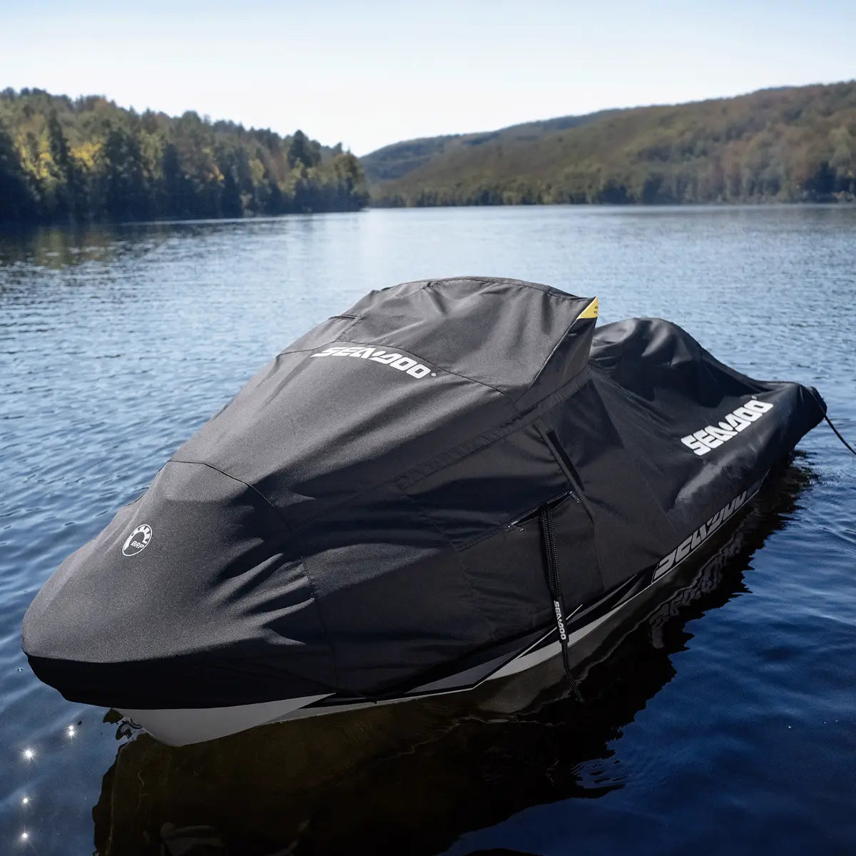 Sea-Doo PWC cover for GTX Wake Pro RXT, black with white logos on a watercraft.
