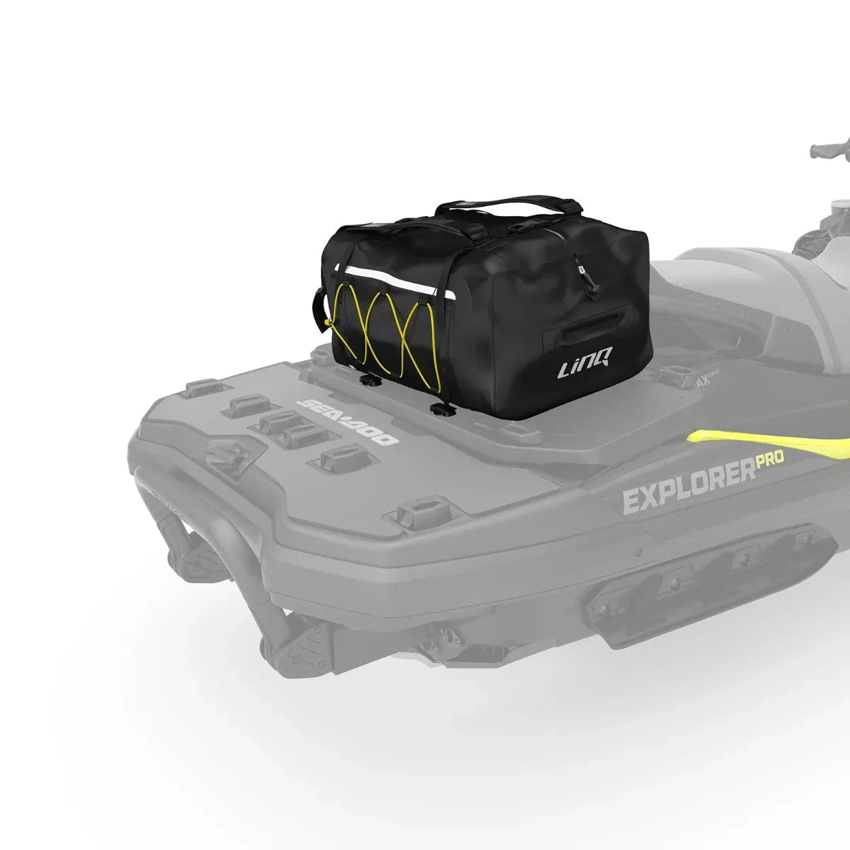 Sea-Doo LinQ Explorer Bag, black storage bag with yellow bungee cords for LinQ cargo on Sea-Doo vehicles