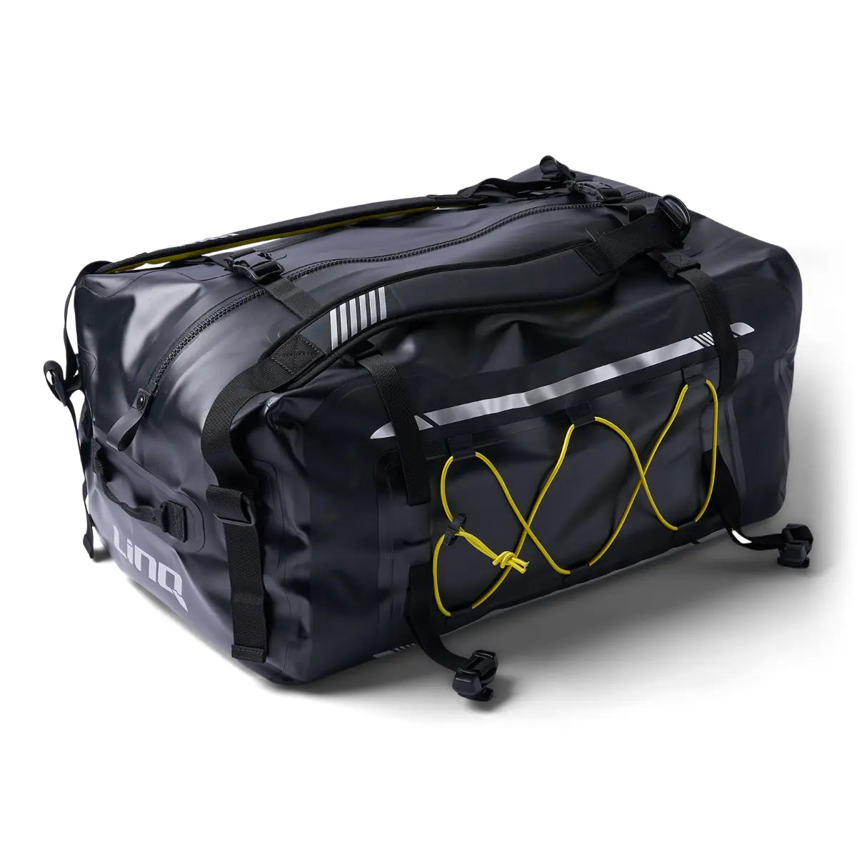 Sea-Doo LinQ Explorer Bag; black vehicle storage bag with yellow bungee cords and multiple straps.