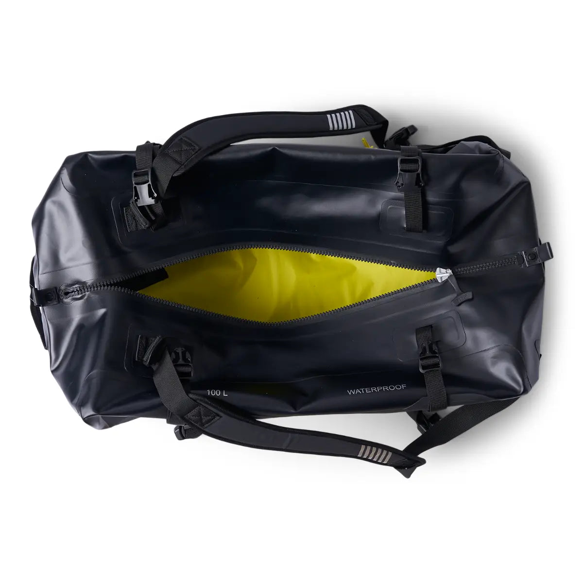 Sea-Doo LinQ Explorer Bag, black waterproof storage bag with yellow interior and 100 L capacity.
