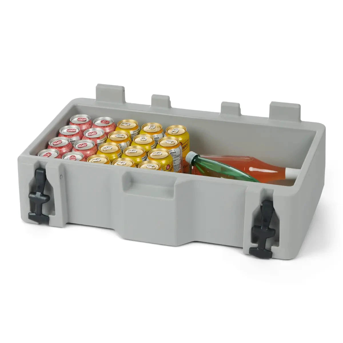 Sea-Doo LinQ 13.5 US gal cooler extension in gray plastic with double latches, filled with cans and bottles.