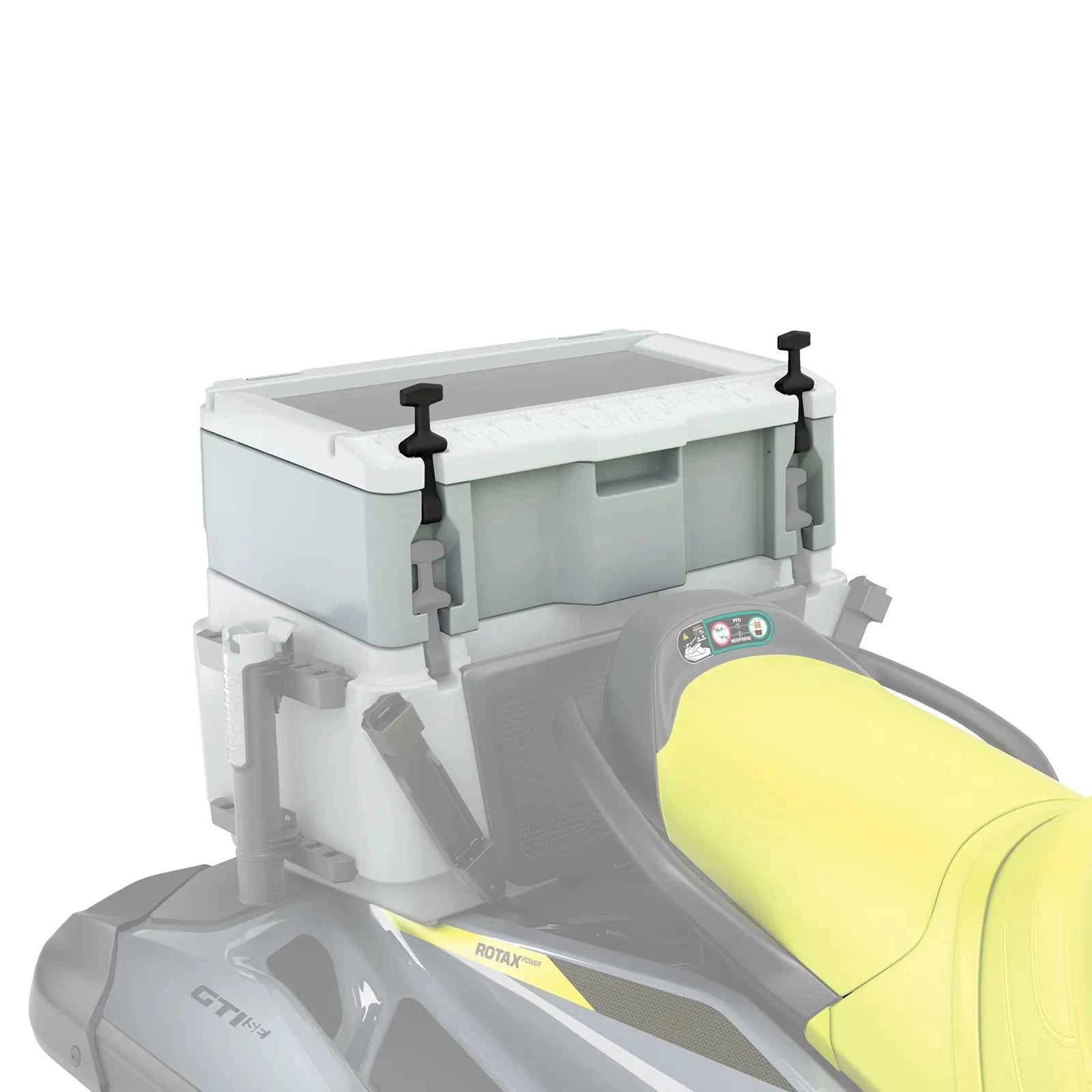 Sea-Doo LinQ 13.5 gal Cooler Extension with double latches, white/gray cooler, mounted on Sea-Doo watercraft