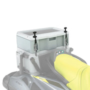 Sea-Doo LinQ 13.5 gal Cooler Extension with double latches, white/gray cooler, mounted on Sea-Doo watercraft