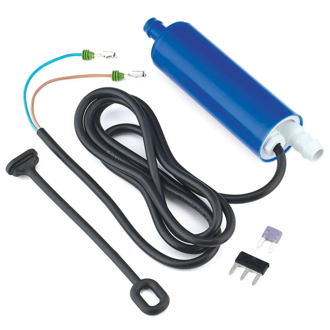 Sea-Doo Bilge Pump Kit 295101035 with blue pump, wiring harness, pull string, and connectors for PWC