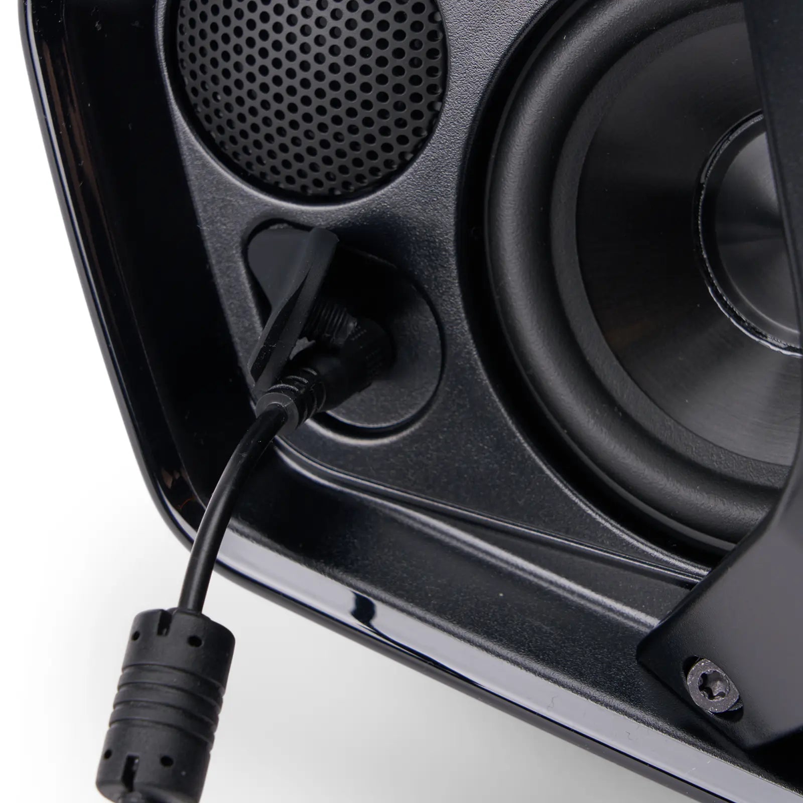 Sea-Doo Spark Audio-Portable System marine speaker in black with wired connector.