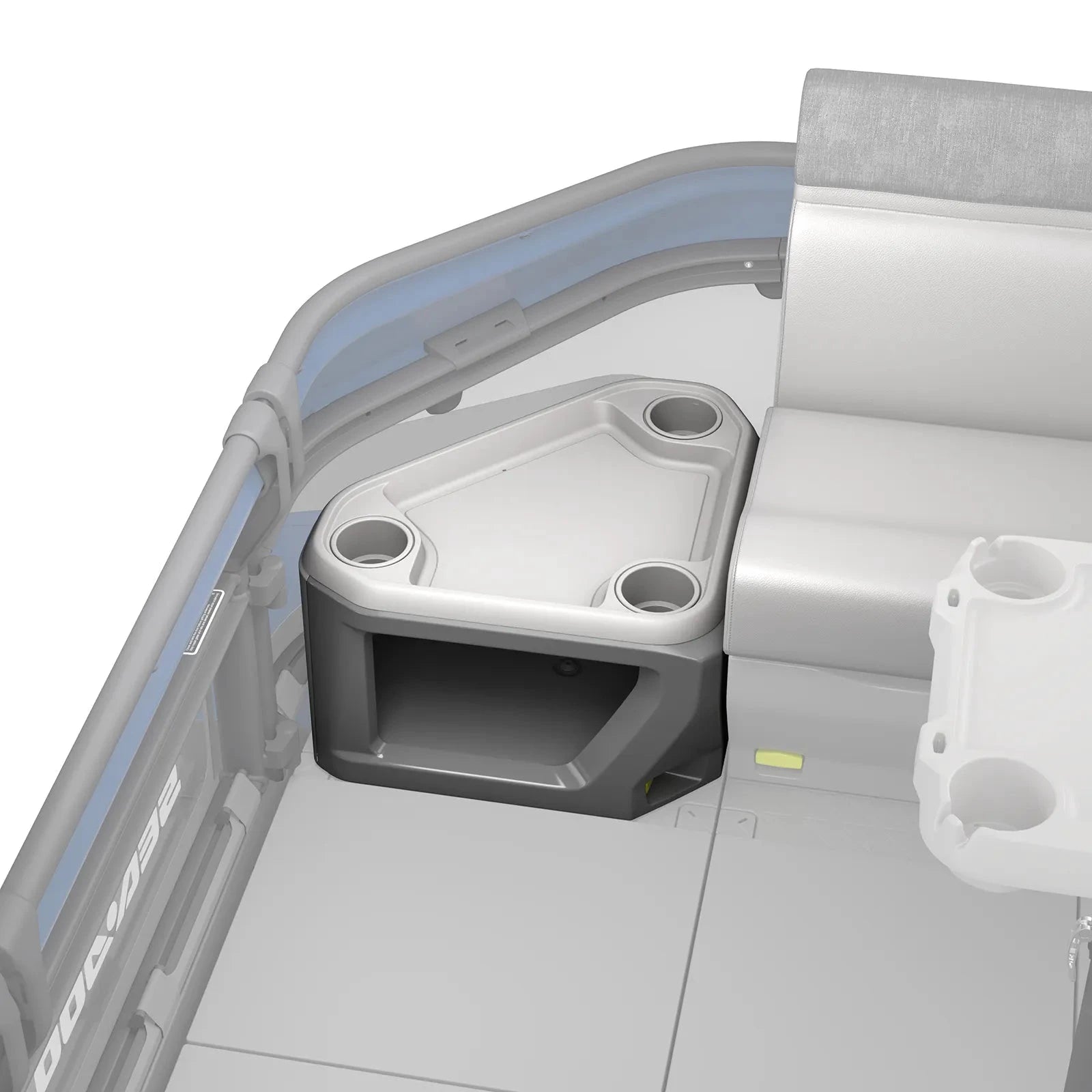 Sea-Doo Switch Corner Table, gray with cup holders and storage, mounted beside seating on a watercraft.