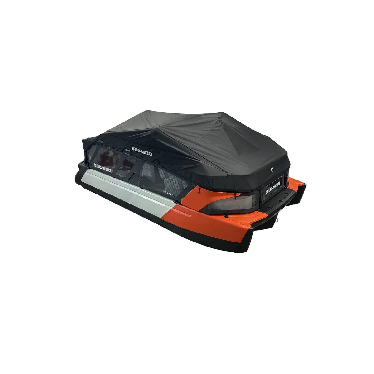 Sea-Doo Switch Compact mooring cover over an orange Sea-Doo watercraft