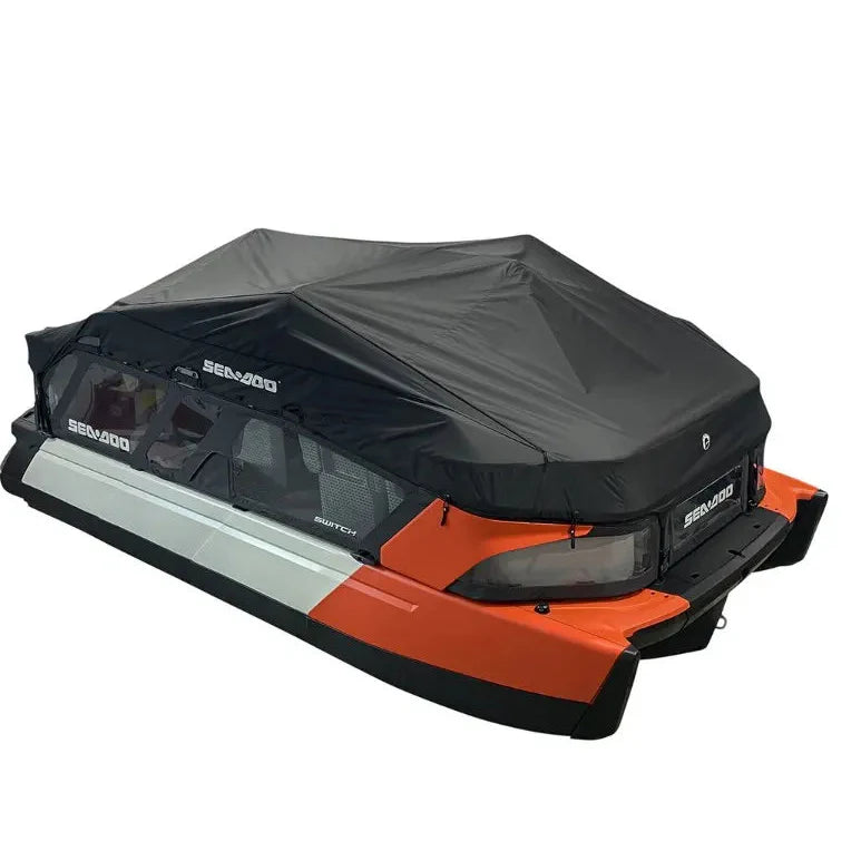 Sea-Doo Mooring Cover Switch Compact on orange/black watercraft; BRP Sea-Doo watercraft storage cover.