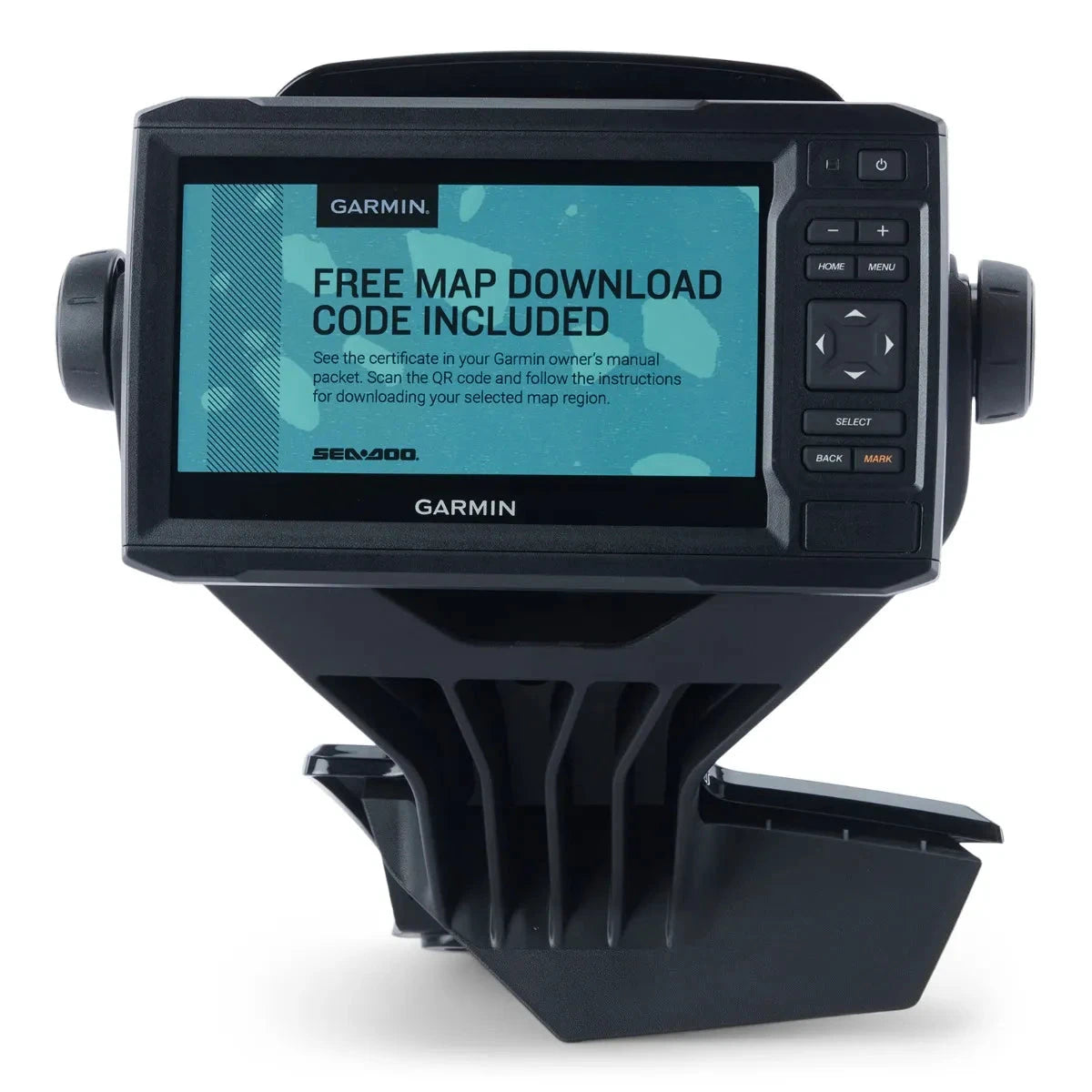 Garmin ECHOMAP UHD 62cv GPS display, black, mounted on watercraft mount
