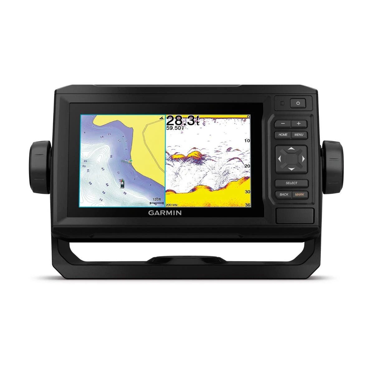Garmin ECHOMAP UHD 62cv GPS marine chartplotter, black unit with dual knobs