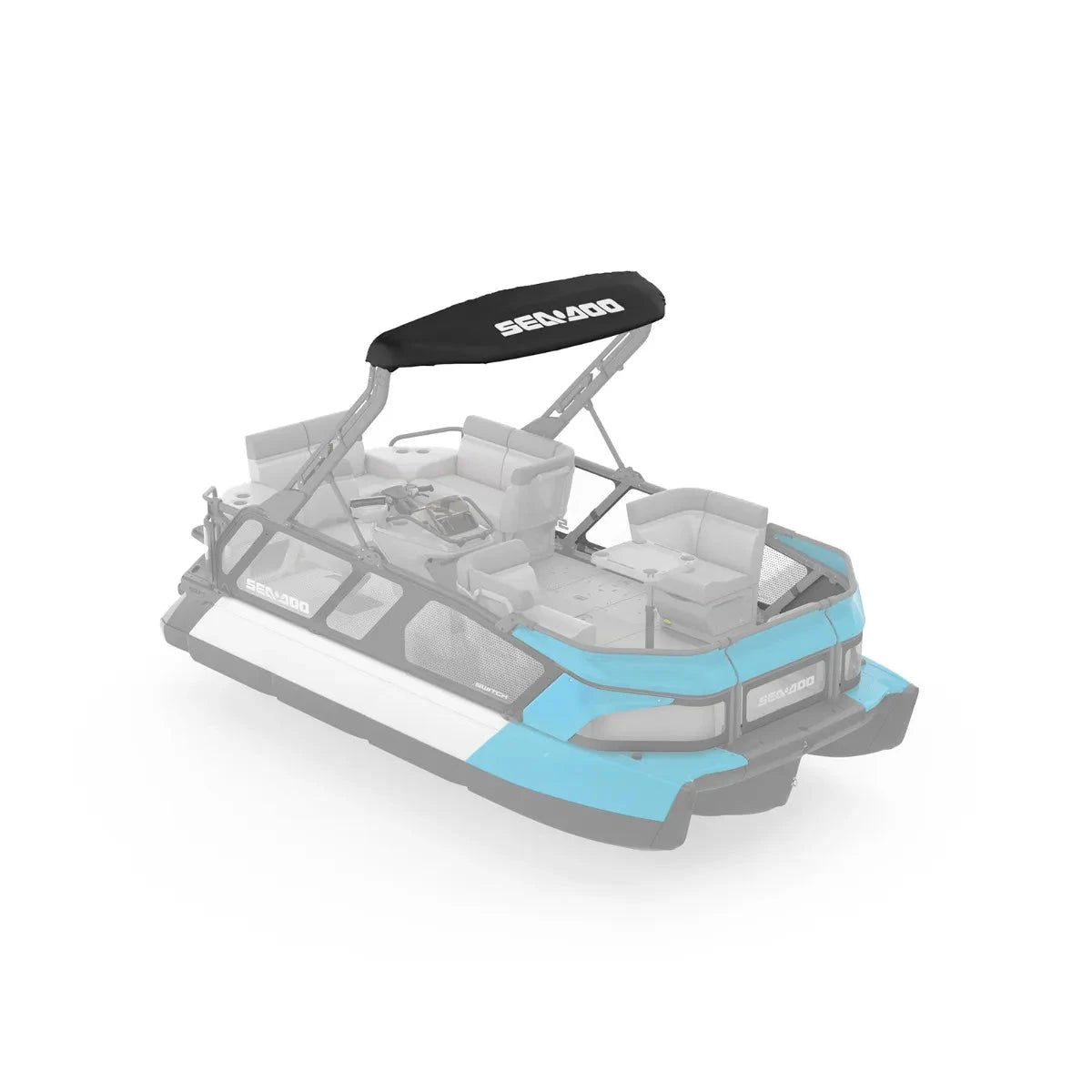 Sea-Doo Switch Bimini Top Sleeve; black sun shade canopy on blue Sea-Doo watercraft, part #295101136