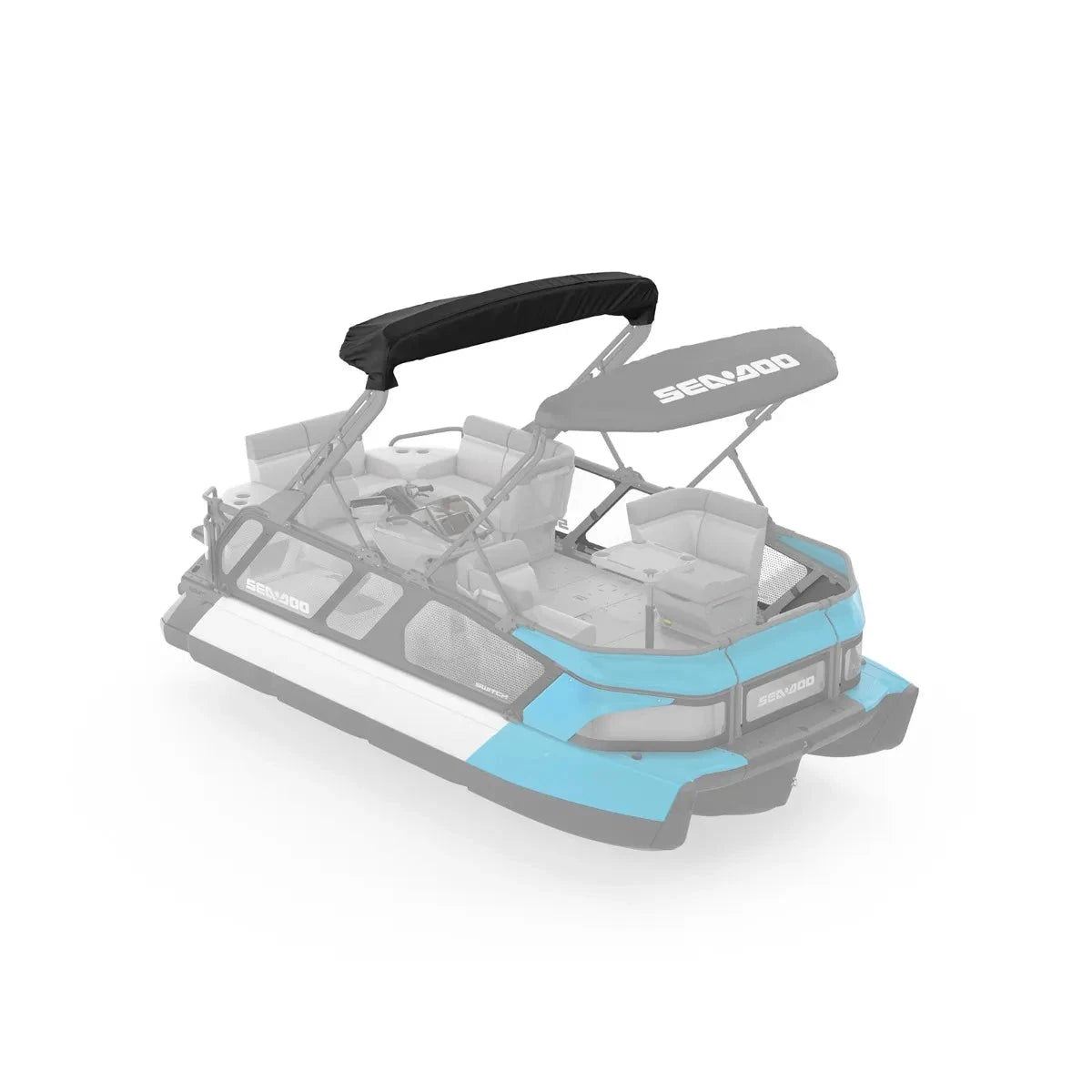 Sea-Doo Switch Double Bimini Top Sleeve watercraft accessory with blue hull and black canopy
