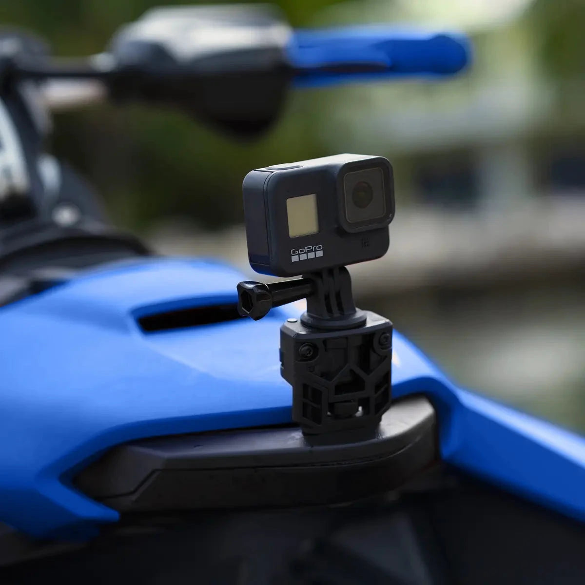LinQ Lite Action Camera Holder with GoPro mounted on a blue Sea-Doo watercraft