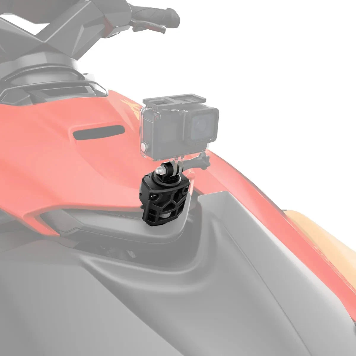 LinQ Lite Action Camera Holder on Sea-Doo watercraft, black mount with a GoPro-style action camera in housing.