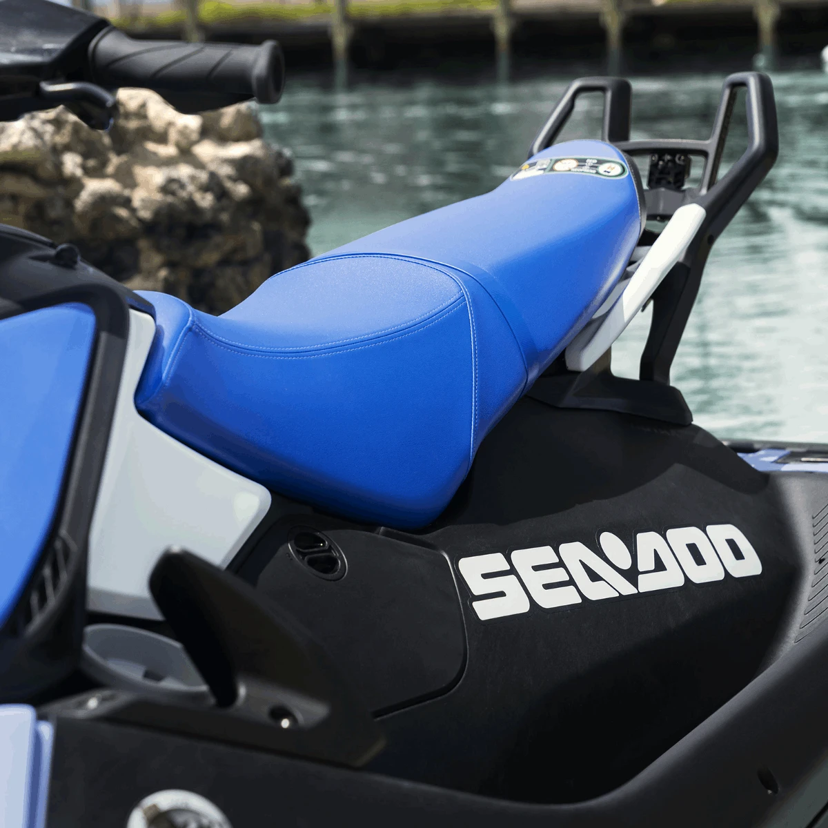 Sea-Doo Spark Spotter Handle & Camera Mount on blue seat watercraft, Sea-Doo LinQ accessory