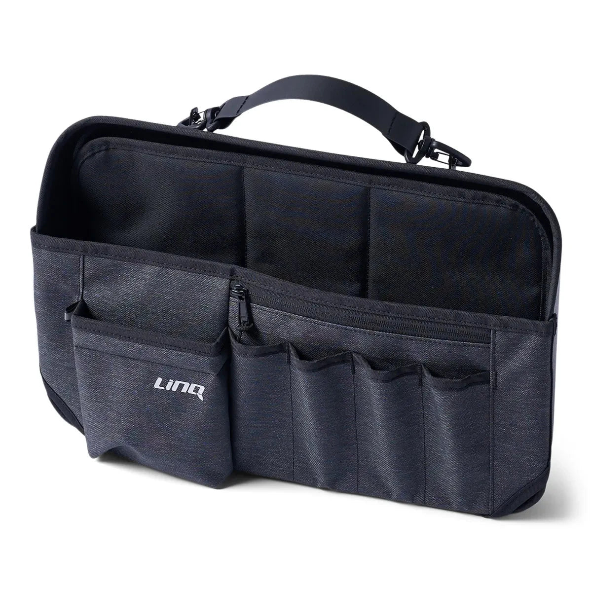 Sea-Doo LinQ Lite multipurpose bag; dark navy fabric with front pockets and zippered compartments.