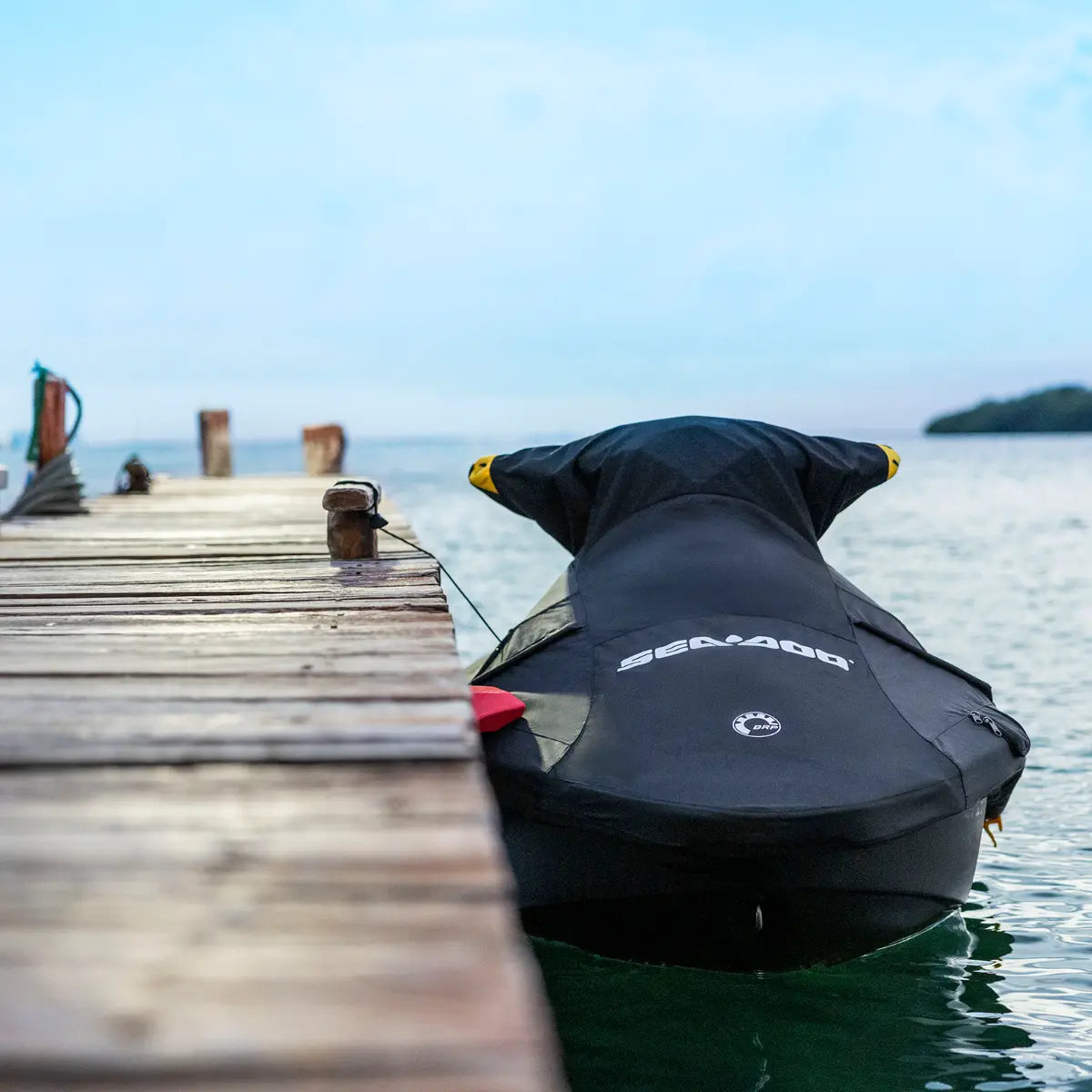 PWC cover for Sea-Doo Spark 1–2 seater, black OEM cover with Sea-Doo logo.