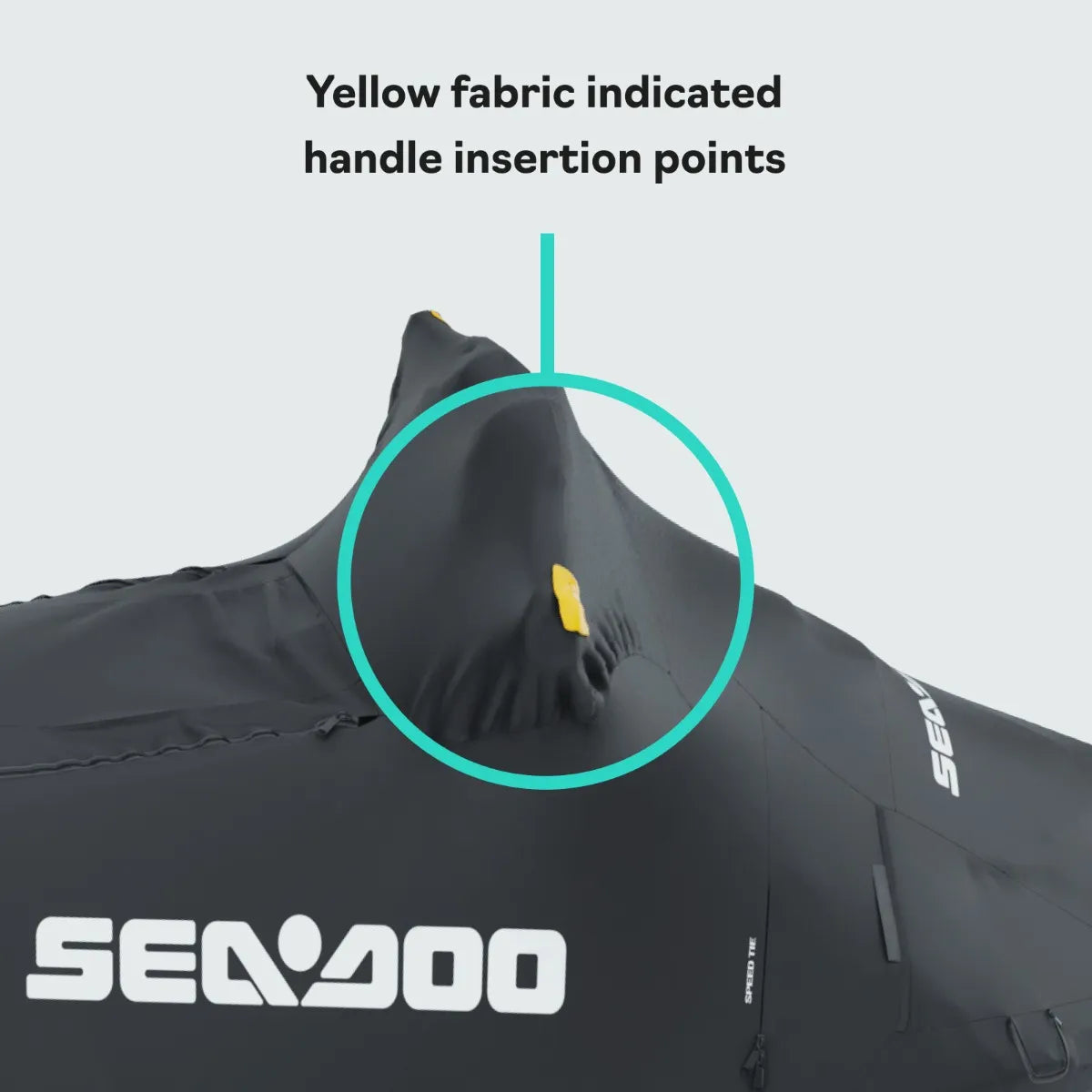 Sea-Doo PWC cover, black with yellow pull tabs, BRP OEM storage cover for Spark 1–2 seater.