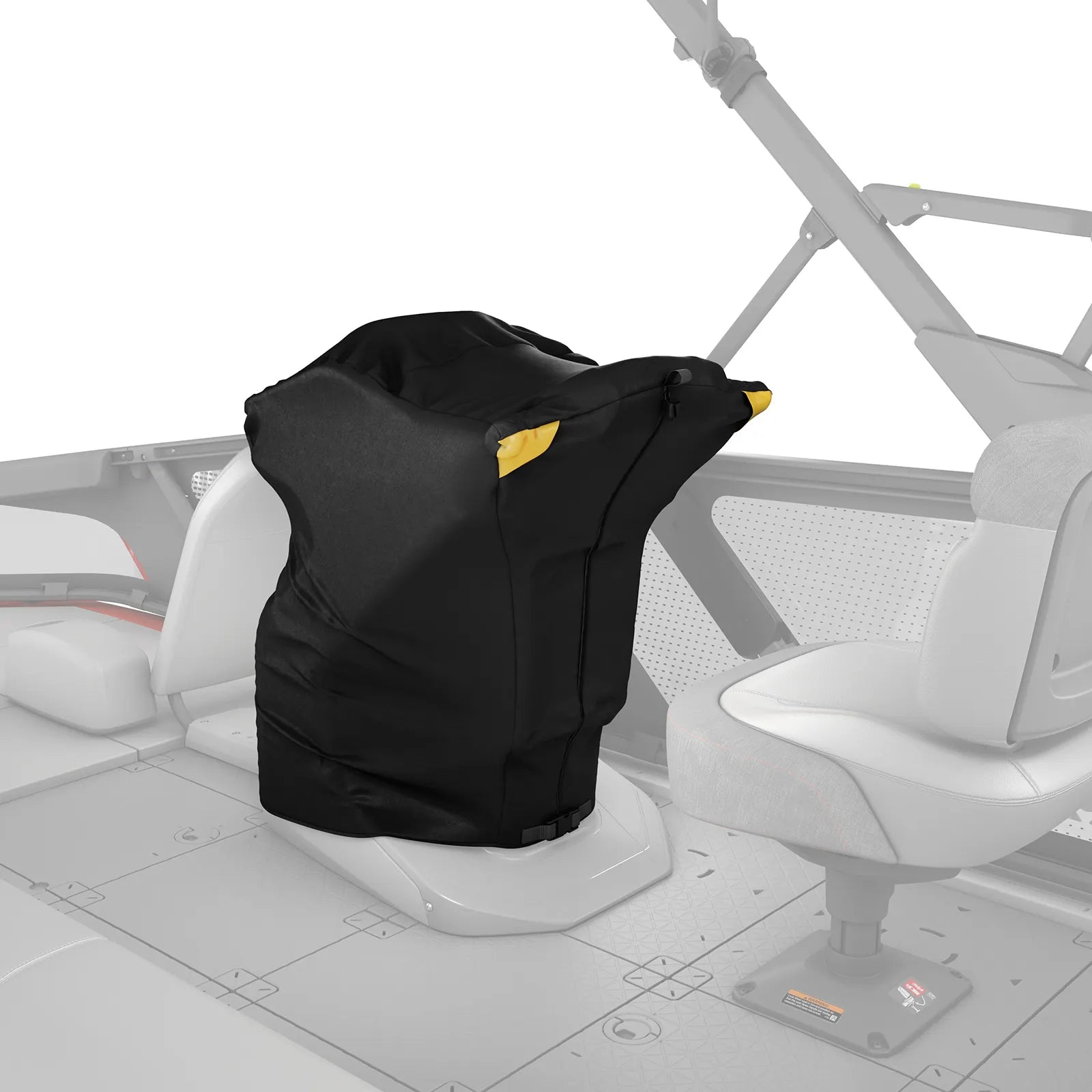Sea-Doo Switch Console Cover in black fabric with yellow zipper pulls for watercraft cockpit.