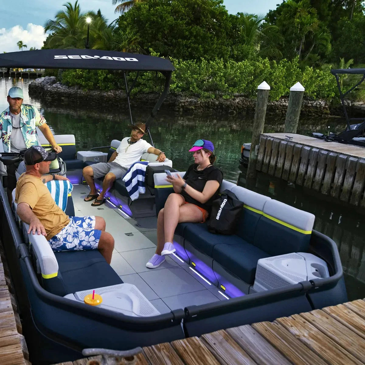 Sea-Doo Switch JL Audio System on a dark-blue watercraft interior with purple LED accents