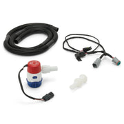 Sea-Doo Spark Bilge Pump Kit; red-top pump with blue base, black corrugated hose, and wiring harness.