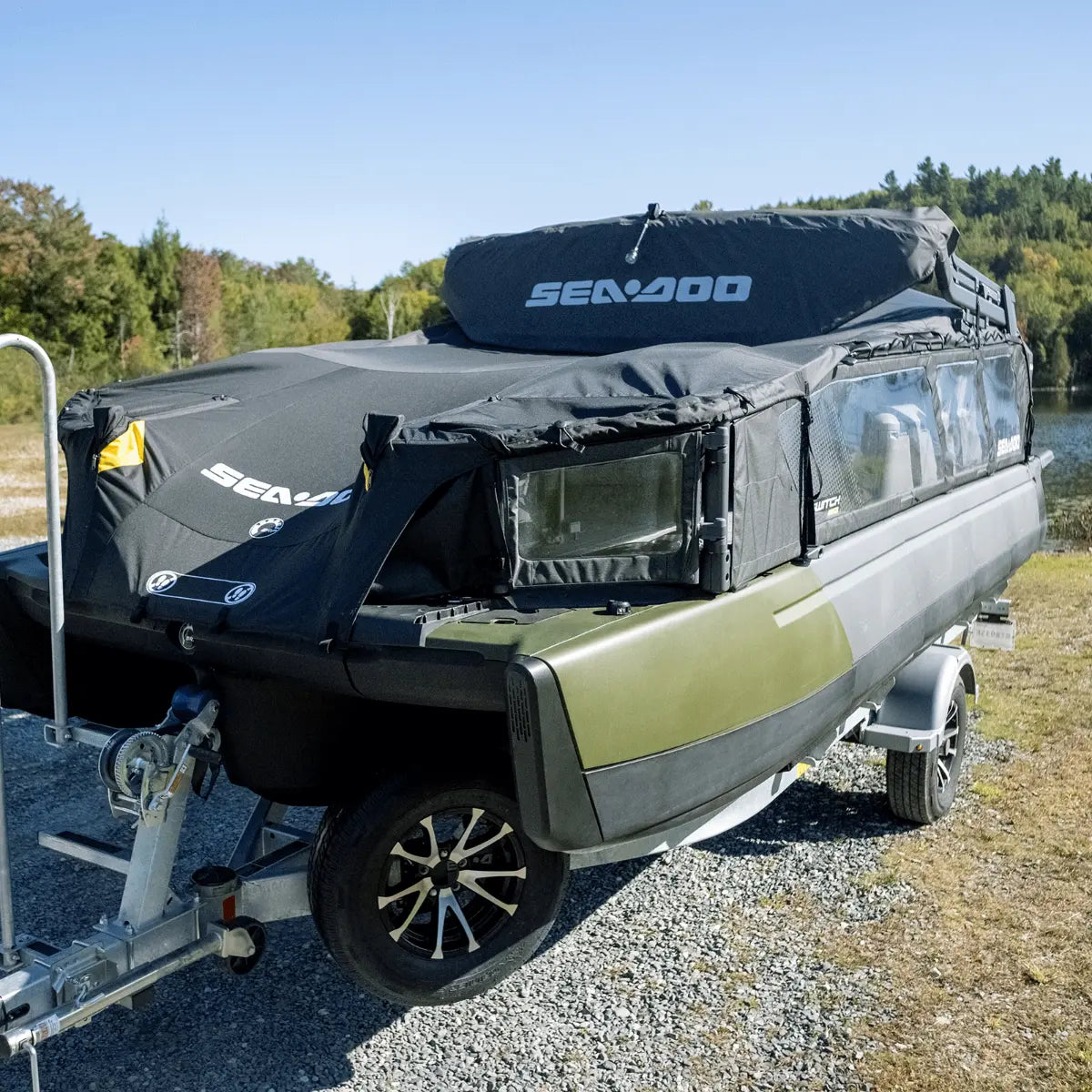 Sea-Doo Switch Sport 18 mooring and trailering cover; black watercraft storage cover on trailer