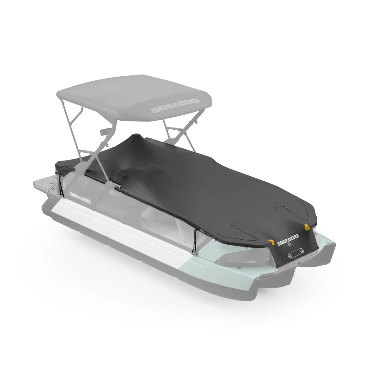 BRP Switch Sport 21' Mooring and Trailering Cover; Sea-Doo dark gray cover over boat with light gray canopy