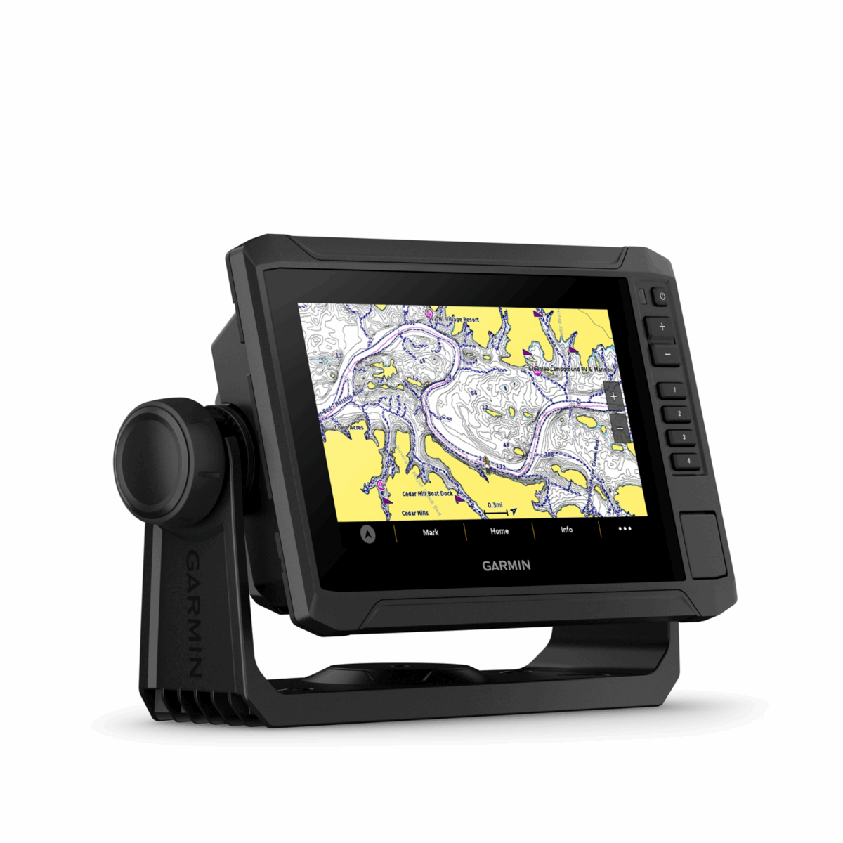 Garmin ECHOMAP UHD2 72sv GPS marine chartplotter on a black mounting bracket, displaying a yellow nautical map.