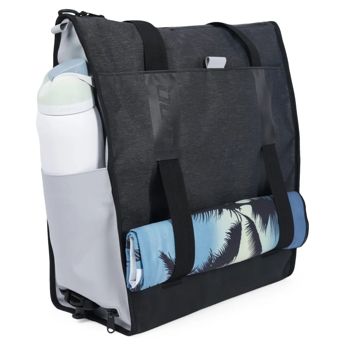 Sea-Doo LinQ 8.5 US gal Insulated Tote Bag; black/gray cooler with side bottle pocket and palm-tree towel roll