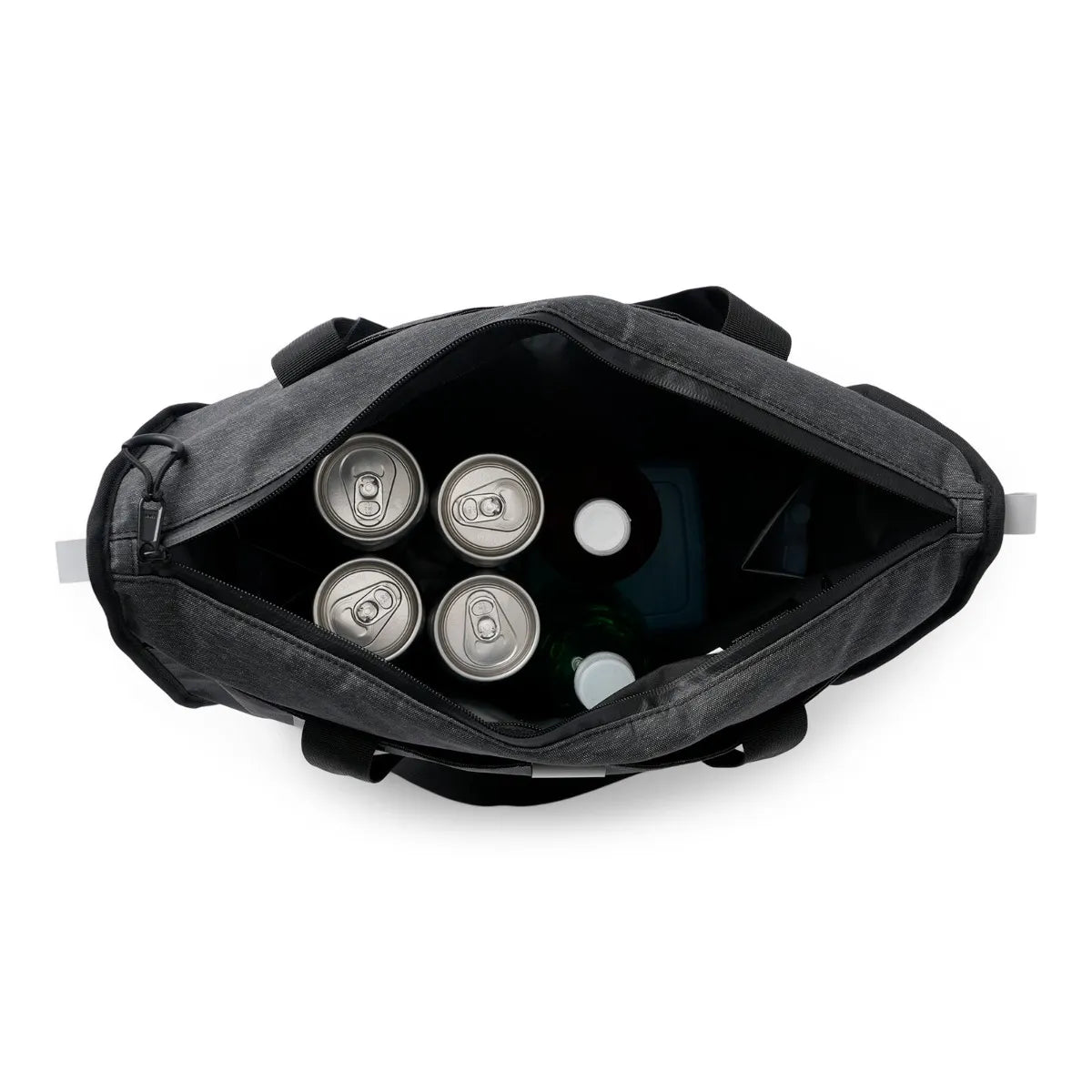 Sea-Doo LinQ insulated tote bag cooler, black, 8.5 US gal, with cans inside.