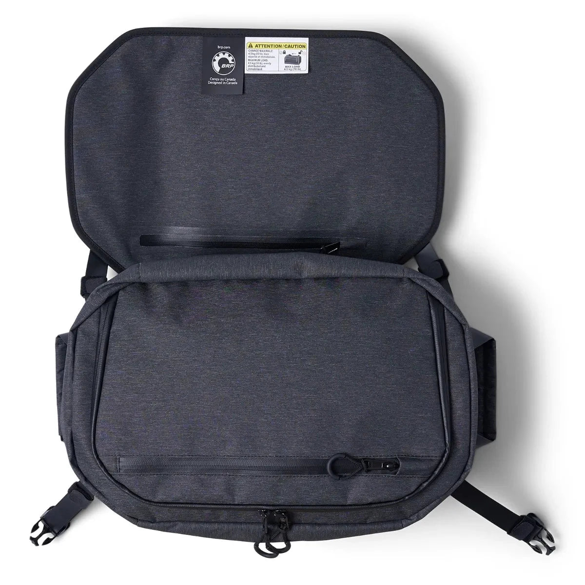 Sea-Doo LinQ 5.3 US gal semi-rigid cooler in dark gray, backpack-style with zip pockets