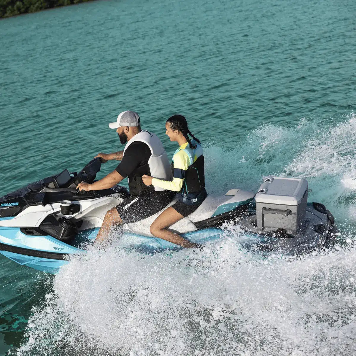 Sea-Doo LinQ Cooler 5.3 US gal, gray, mounted on a blue Sea-Doo jet ski.