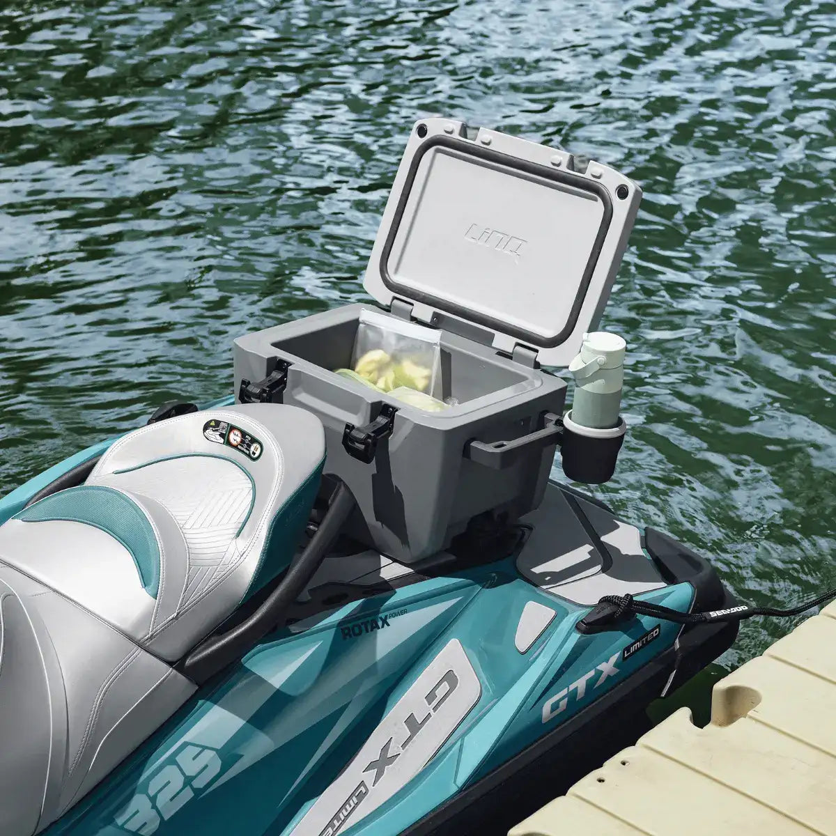 Sea-Doo LinQ Cooler 5.3 US gal, gray cooler mounted on teal Sea-Doo jet ski