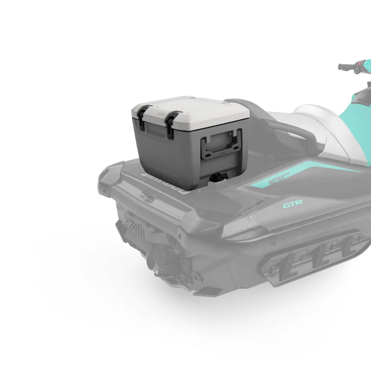 Sea-Doo LinQ Cooler 5.3 US Gal on jet ski; gray body, white lid
