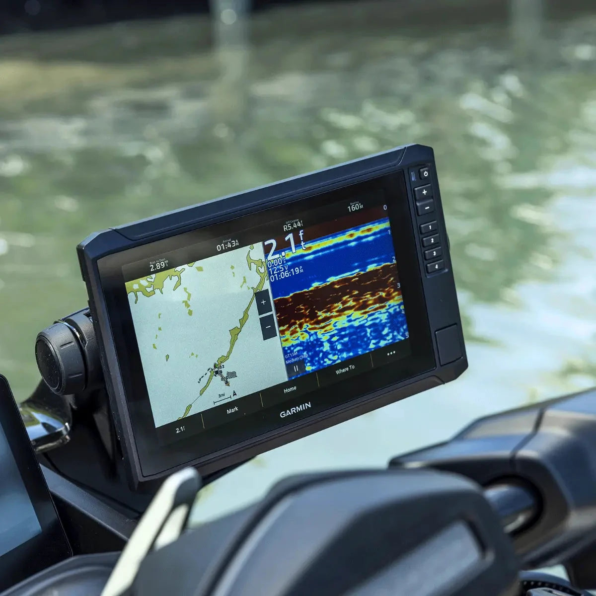 Garmin ECHOMAP UHD2 9-inch sv marine chartplotter on Sea-Doo PWC, black GPS display with map and sonar